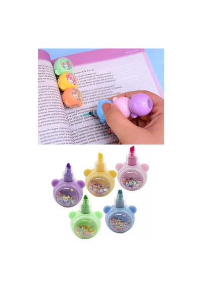 Pullu Ayıcık Yumurtlayan Fosforlu Kalem 1 Paket 5 Renk Pullu Ayıcık Figürlü İşaret Kalemi Mini 5 Li Fosforlu Kalem Çok Renkli