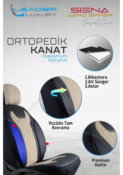 Daewoo Racer Uyumlu Lüx Yarı Deri Oto Koltuk Kılıfı Ön Arka Takım Yeni Siena Bej Siyah