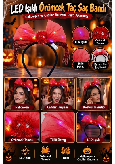 Halloween Led Işıklı Örümcek Kırmızı Taç Saç Bandı Tüllü Cadılar Bayramı Parti Kostüm Aksesuarı Diğer