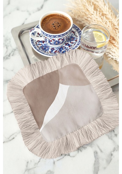 Soft Elegance Saçaklı Sunum Peçetesi - Akışkan Dalga Bohem Bej Krem Desenli Kahve Sunum Mendili Göl Açık Bej
