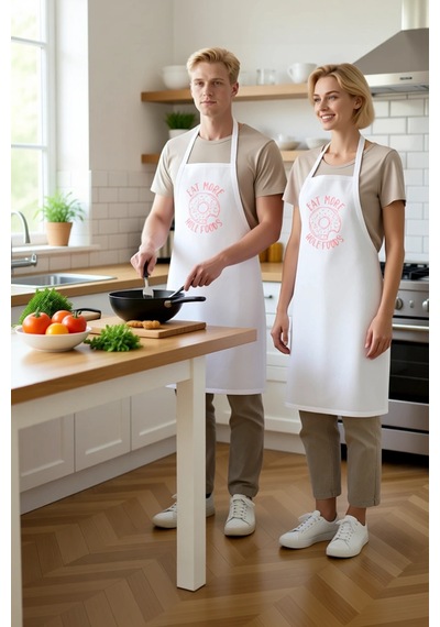 Erkek Unisex Mutfak Aşçı Önlüğü Sağlıklı Yiyecek Baskılı Rahat Ke Beyaz