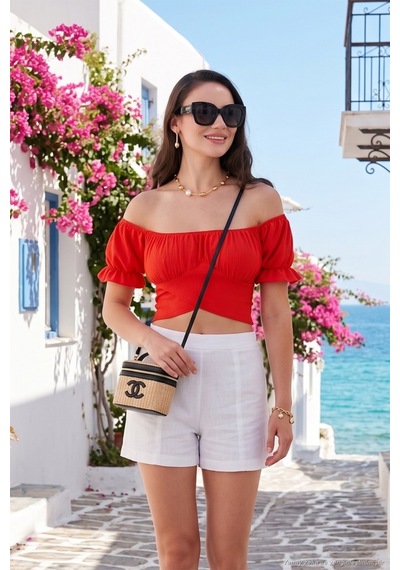 Lela Regular Fit Madonna Yaka Bağlama Detaylı Crop Bayan Bluz 6527017 Nar Çiçeği