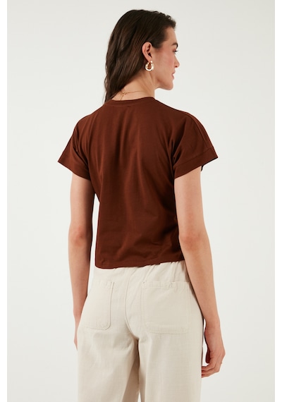 Lela Pamuklu Tek Cepli Regular Fit Bisiklet Yaka Bayan T Shirt 5865818 Kahve