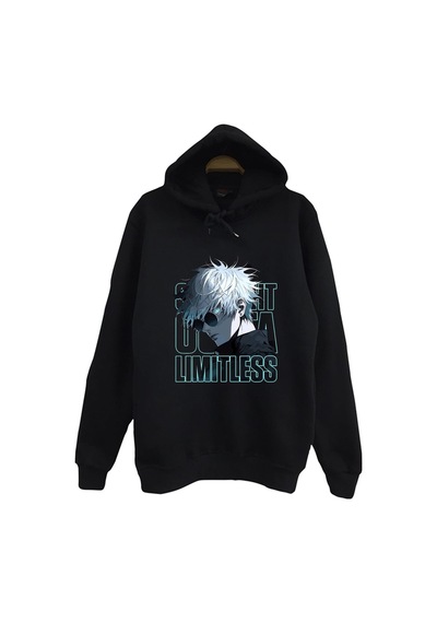 Jujutsu Kaisen Satoru Gojo Anime Baskılı Unisex %100 Pamuk Kapüşonlu Siyah Sweatshirt Siyah