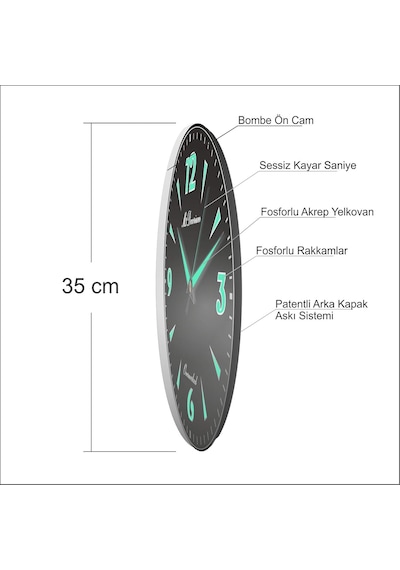 Büyük Bombe Cam Fosforlu Duvar Saati, 35 Cm, Siyah Diğer