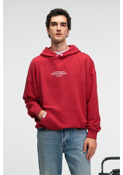 Grimelange CLAY Erkek %100 Pamuk Kapüşonlu Çıtçıtlı Baskılı Cebi Süs Etiketli Kırmızı Sweatshirt
