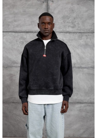 Hiccup Nomarc Bol Kesim Yarım Fermuarlı Uzun Kollu Sweatshirt Siyah