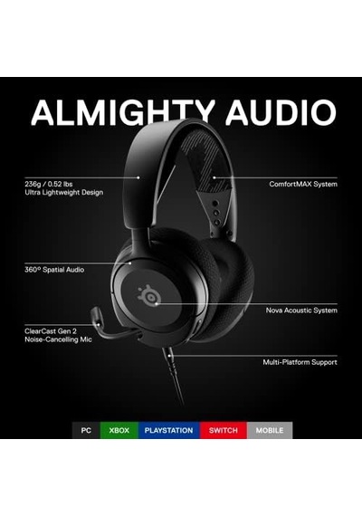 Steelseries Arctis Nova 1 Multi-platform Gaming Kulaklık Hi-fi Sürücü 360 Surround Ses Airweave Memory Foam Kulak Yastıkları Gürültü Önleyici Mikrofon, Pc, Ps5, Switch, Xbox Siyah