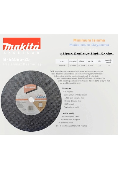 Makita B-64565 İnox 355x2.8x 25.4 Mm İnox Krom Kesme Taşı 25 Adet