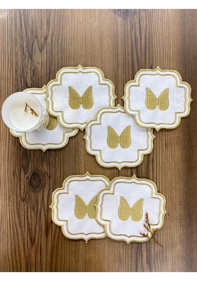 Gold Angel Linen Keten 6'lı Kokteyl Peçetesi Nakış İşlemeli Kahve Yanı Sunumluk Altın