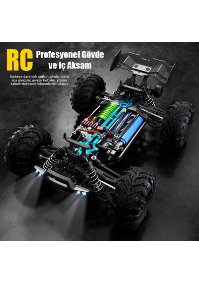 Profesyonel Rc Uzaktan Kumandalı Araba 4wd 1:16 Metal İç Aksam 70km/h Şarjlı 4x4 Model Araç - Mavi