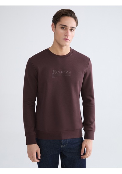 Lcwaıkıkı Classic Kahverengi Bisiklet Yaka Baskılı Erkek Kalın Sweatshirt