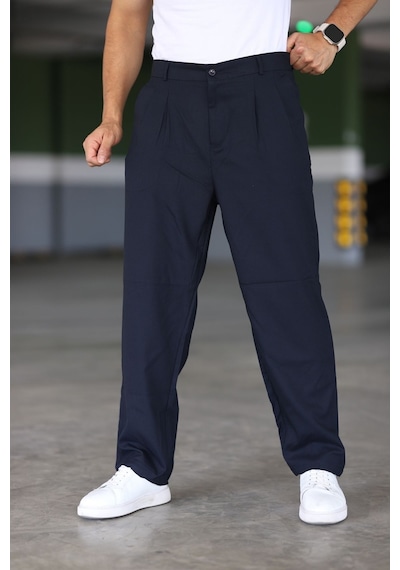 Bürke Baggy Çift Pileli Lacivert Renk Beli Lastikli Kaliteli Rahat Kesim Klasik Bol Paça Baggy Pantolon