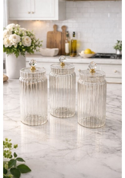 Qerhome 3'lü Borosilikat Cam Optik Çizgili Kristal Gold Kapaklı Kavanoz Seti 1100 Ml Şeffaf