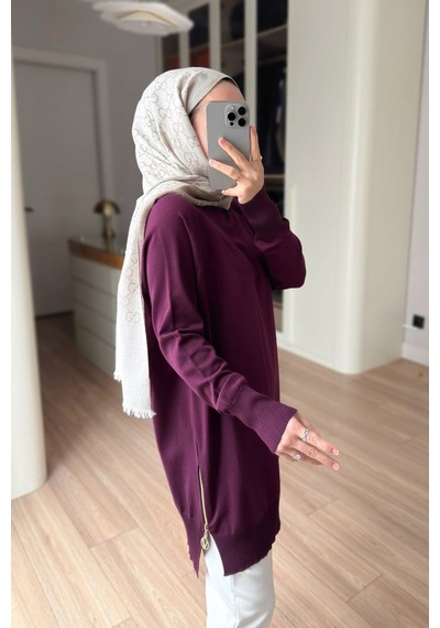 Kahijab Yan Fermuar Basic Merserize Tunik - Mürdüm
