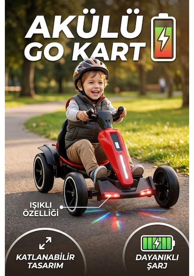 Uzaktan Kumandalı Işıklı 12v Akülü 35kg Taşıma Kapasiteli 7km/h Hızlı Çift Motorlu Çocuk Gokart Kırmızı