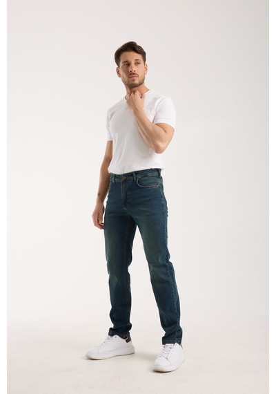 Erkek Pantolon Regular Fit Yeşil Tint Fermuarlı Rahat Giyim Jeans Yeşil Tint