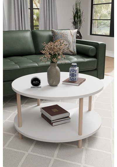 Alpaevmobilya Modern Yuvarlak Orta Sehpa 60 Cm 2 Raflı Ahşap Ayaklı Çok Amaçlı Organizer Sehpa Beyaz Alpaevmobilya Modern Yuvarlak Orta Sehpa 60 Cm 2 Raflı Ahşap Ayaklı Çok Amaçlı Organizer Sehpa Beyaz