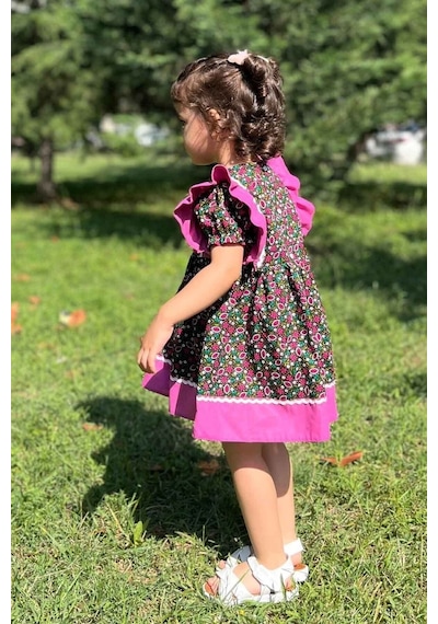 Su Taşı Detaylı Fırfırlı Çiçekli Poplin Kız Çocuk Bebek Elbise 001