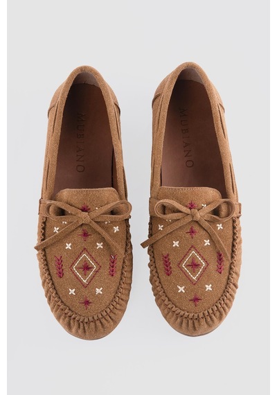 Kadın Süet Loafer Nakışlı Bağcıklı Ayakkabı Helia Taba Taba