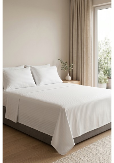 Goldroom Home Çizgili Pamuk Saten Çift Kişilik Nevresim Takımı Beyaz