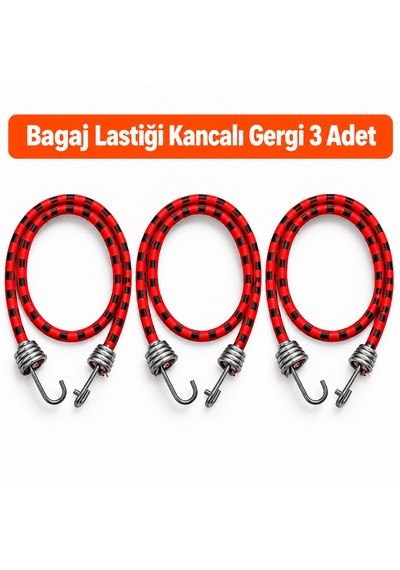 Bagaj Lastiği Kancalı Gergi 3 Adet - 90 Cm Bagaj Lastiği/halatı - Kırmızı-siyah Renk Kırmızı - Siyah