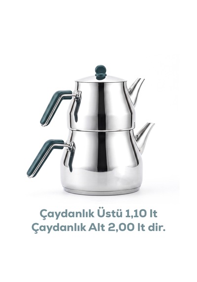 Porsima 1025-2 Prizma Bakalit Kulp Orta Boy Paslanmaz Çelik Çaydanlık Takımı - Yeşil - 1.10-2 Lt