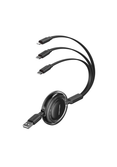 Vention 3'ü 1 Arada Makaralı 2 X Type-c + Lightning 3,5a Hızlı Şarj Kablosu 1,1m - Siyah