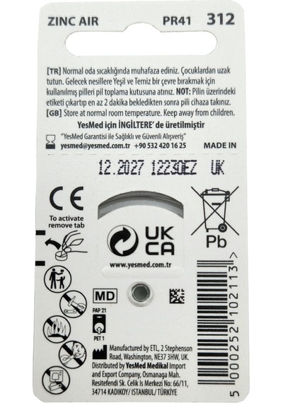 Yesmed Extra Power 312 No Kulaklık Pili 1 Paket 6 Adet Pil