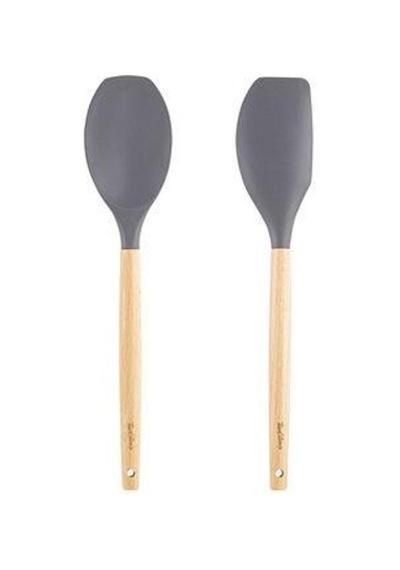 Tantitoni Bambu Saplı Gri Renkli Silikon Büyük Kaşık Ve Spatula Seti Elvin Home Concept Gri