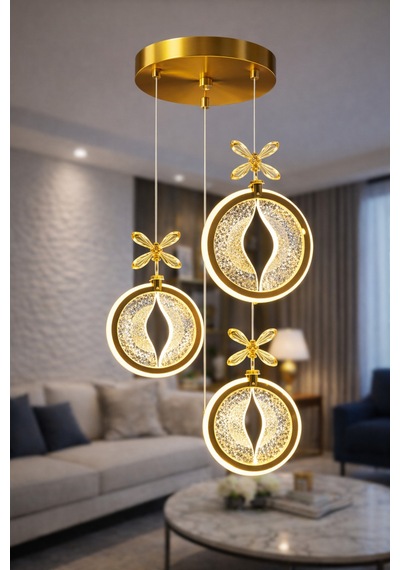 Dark Model 3 Lü Gold Kaplama Metal Salon Mutfak Oturma Yatak Odası Modern Led Sarkıt Avize Sarı
