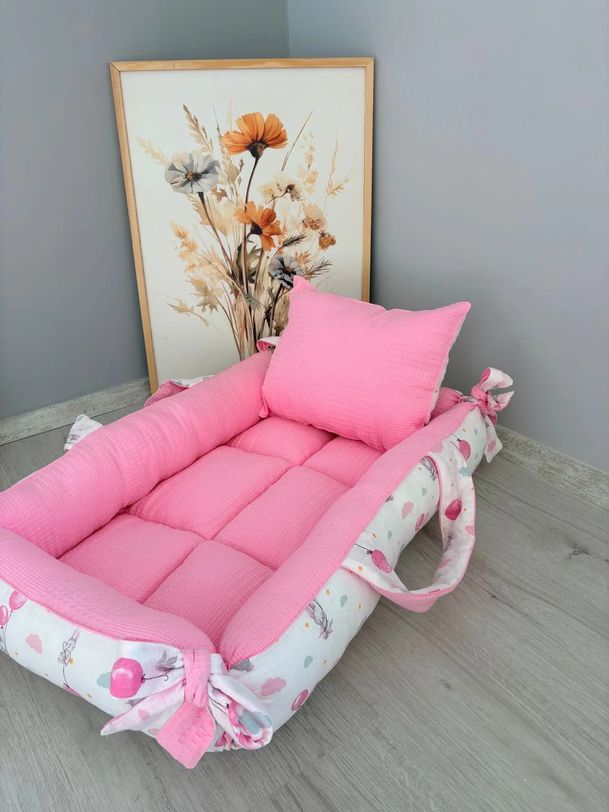 %100 Pamuk Çift Katlı Çift Kullanımlı Anne Yanı Yatağı Şeker Desen Müslin Pembe Pike 40 x 90 x 10 CM