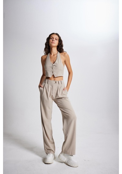 Holly Lolly Boyun Bağlamalı Crop Striped Yelek Bej