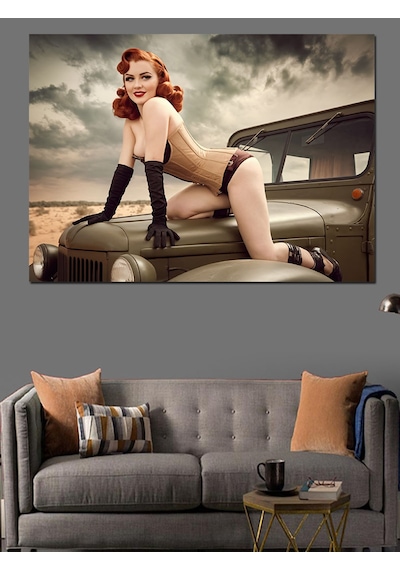 Klasik Arabada Pin-up Kadın Dekoratif Kanvas - Mdf Ahşap Tablo