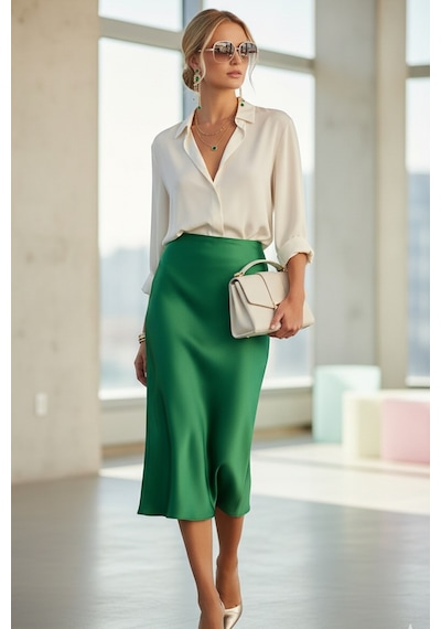 Fashion Cocktail Saten Dökümlü Belden Oturan Kalın Iç Lastikli Yırtmaçsız Diz Altı Midi Ofis Etek Yeşil Fashion Cocktail Saten Dökümlü Belden Oturan Kalın Iç Lastikli Yırtmaçsız Diz Altı Midi Ofis Etek Yeşil