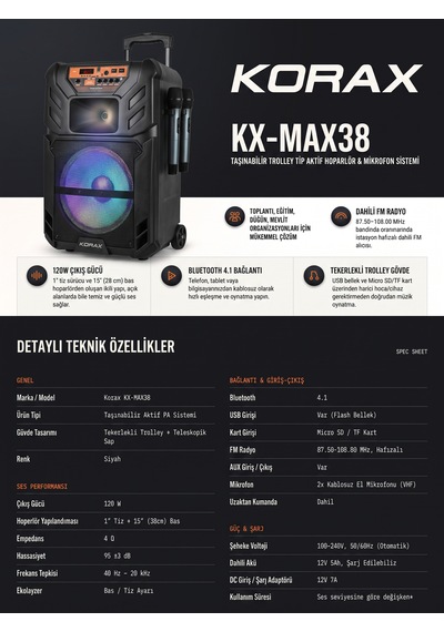 Korax Kx-max38p 400w Taşınabilir Akülü Tekerlekli Bluetooth Hoparlör Ses Sistemi 12v 7ah / Tws / Led / Karaoke