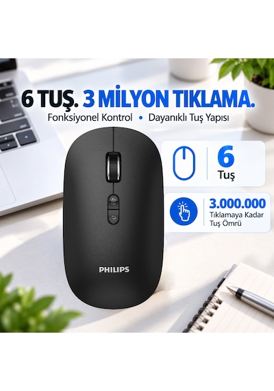Philips SPK7508 Bluetooth 5.2 / 2.4GHz Kablosuz 1600 DPI 6 Tuşlu Sessiz Mouse