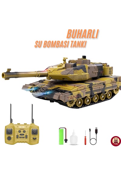 Oyuncak 2.4 Uzaktan Kumandalı Su Bombası Atan Tank Buharlı 1200 Şarjlı Sesli Gövdesi 360 Hareketli Gövde Sarı