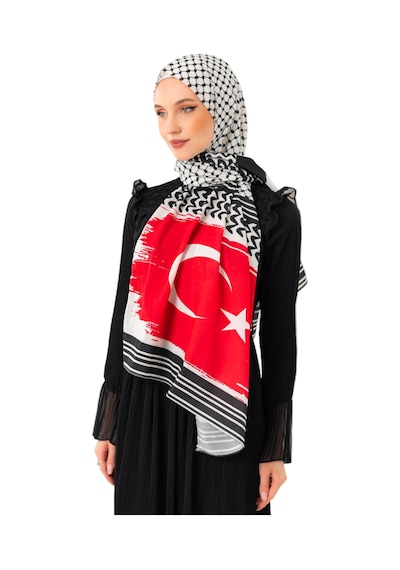 Zaytoon Şal Kefiye Desenli Filistin Ve Türkiye Bayrakları Dijital Baskılı Filistin Şal S100044 Çok Renkli
