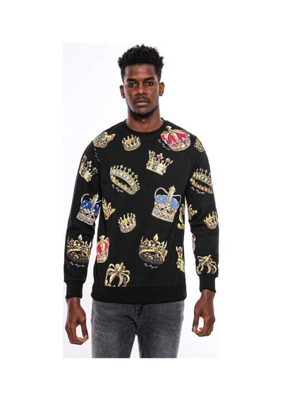 Wessi Siyah Bisiklet Yaka Taşlı ve Baskılı Sweatshirt Siyah
