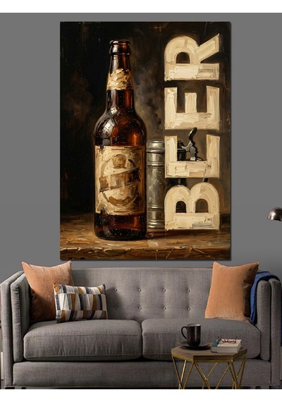 Bira Şişesi Ve Retro Yazı Dekoratif Kanvas - Mdf Ahşap Tablo