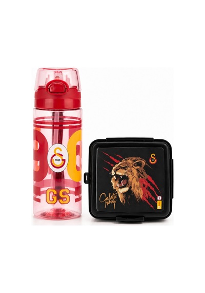 Galatasaray Lisanslı Pipetli Su Matarası + Çatallı Kaşıklı Beslenme Kutusu Siyah