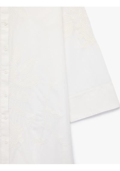 Koton Pamuklu Floral Nakış Detaylı Brodeli 3/4 Kollu Gömlek Yaka Oversize Tunik Elbise Kırık Beyaz 6sak60013ew Ekru