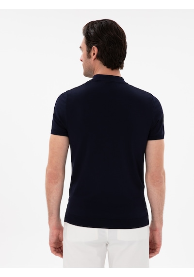 Lacivert Slim Fit Fermuarlı Polo Yaka Triko T-shirt