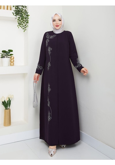 Eslemnur Büyük Beden Yaprak Taşlı Anne Elbisesi En7008 Mürdüm