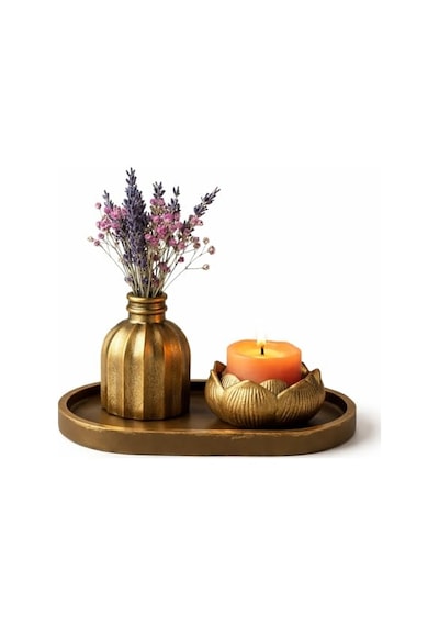 Mireva Lotus Tealight Mumluk Ve Mini Vazo Seti Dekoratif Tepsi Üzerinde Altın Renk Mumluk Seti, Masa &amp Sehpa E Çok Renkli