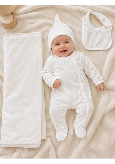 Babyhola Yenidoğan Bebek 4'lü Set Patikli Tulum Bere Önlük Battaniye 7069 Ekru