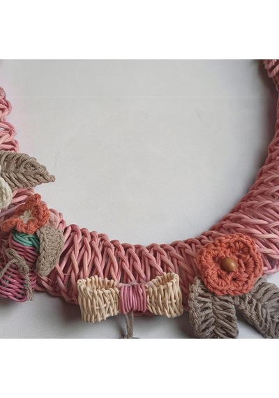 Handanrattan Gül Kurusu El Yapımı Rattan Çelenk - Makrome Yapraklı Vintage Duvar Süsü
