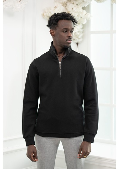 San&Fa Regular Fit Biyeli Fermuarlı Dik Yaka Armürlü Pamuklu Sweatshirt Siyah