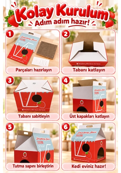 Çilek Desenli Karton Kedi Evi Katlanabilir Süt Kutusu Tasarımı, Tırmalama Pedi Hediyeli Sempatik K